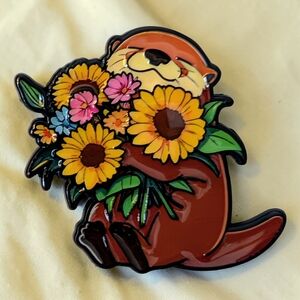 Shiny Happy Otter Enamel Pin with Flowers
